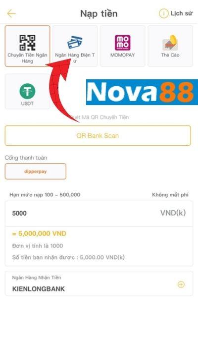 Chọn vào 1 trong 5 phương thức nạp tiền