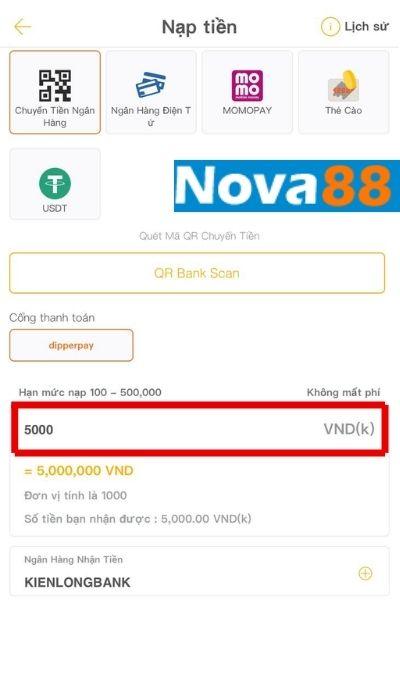 Điền số tiền nạp sau đó nhấp vào ô Tiến Hành để tiếp tục